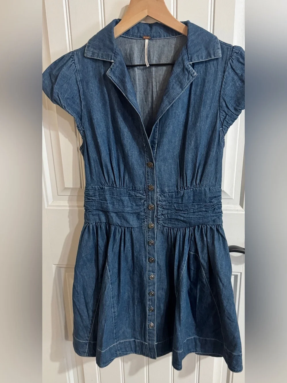 Free People Chester Denim Mini Dress Smocked Waist Small $128 - Picture 5 of 16